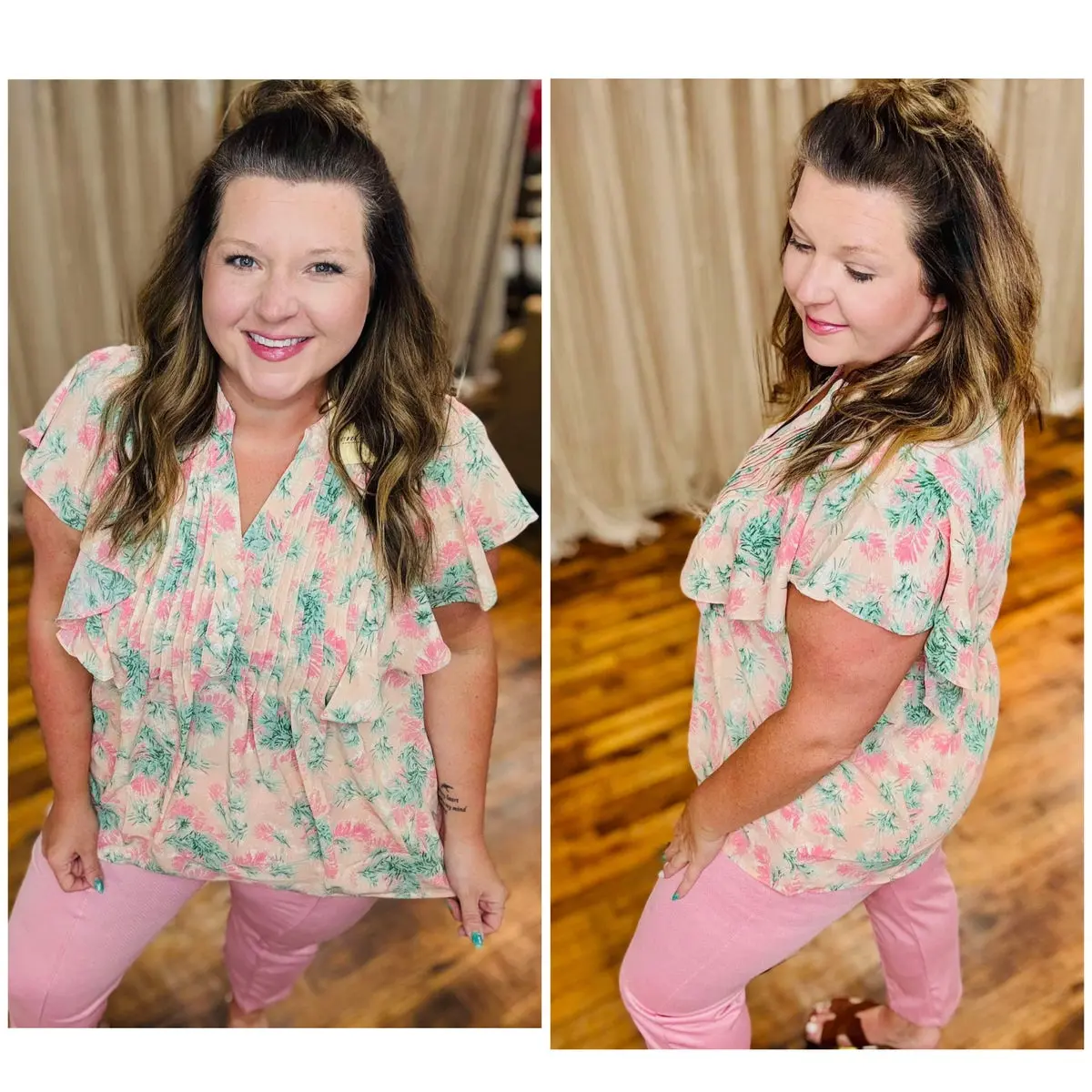 PRETTY IN PEACH FLORAL V-NECK W/BUTTONS TOP