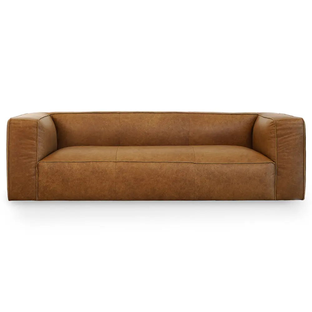 Emerson Top-Grain Brown Leather Sofa, Recessed Solid Wood Frame, Stubbed-Toe Design Indoor Furniture Emerson Top-Grain Brown Leather Sofa, Recessed Solid Wood Frame, Stubbed-Toe Design Indoor Furniture