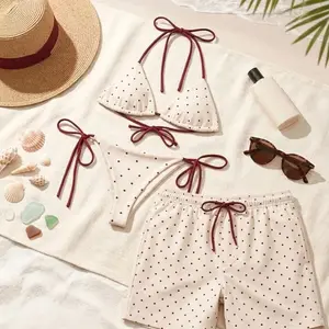 Red Polka Dot Couples Swimsuit Set – Women’s Triangle String Bikini & Men’s Matching Swim Shorts, Romantic Beachwear Outfit