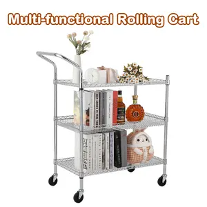 Heavy Duty Commercial Utility Cart – 2-Tier Steel Wire Rolling Service Cart with High Handle, Locking Wheels, 500 lb Capacity – Multipurpose Office, Kitchen, Restaurant, Workshop Storage