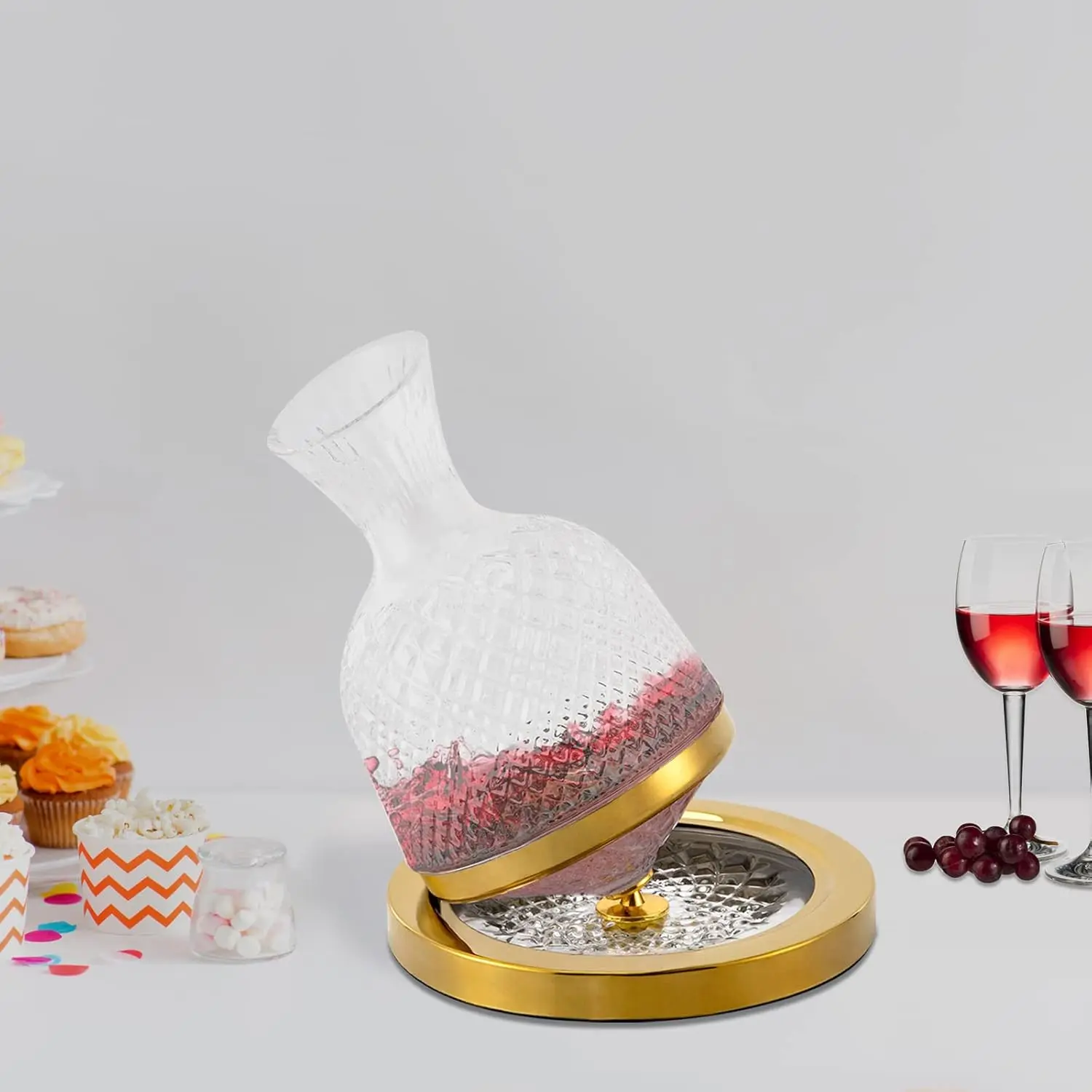 360° Rotating Red Wine Decanter - Handcrafted Crystal Glass Body with Stainless Steel Base (GOLD)