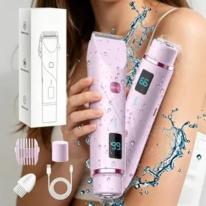 2 in 1 Bikini Trimmer for Women, Dual Head Electric Hair Remover, Painless Waterproof Whole Body Shaver, USB Recharge Pubic Hair Trimmer with Digital Display, Portable Body Facial Underarm Leg Hair Removal Razor