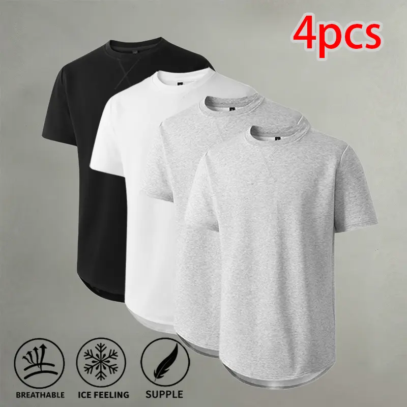 American-style solid color men’s short-sleeve T-shirt set with curved hem, cool feel, breathable and skin-friendly—versatile basic for gym, commuting, and everyday wear (4 pieces).