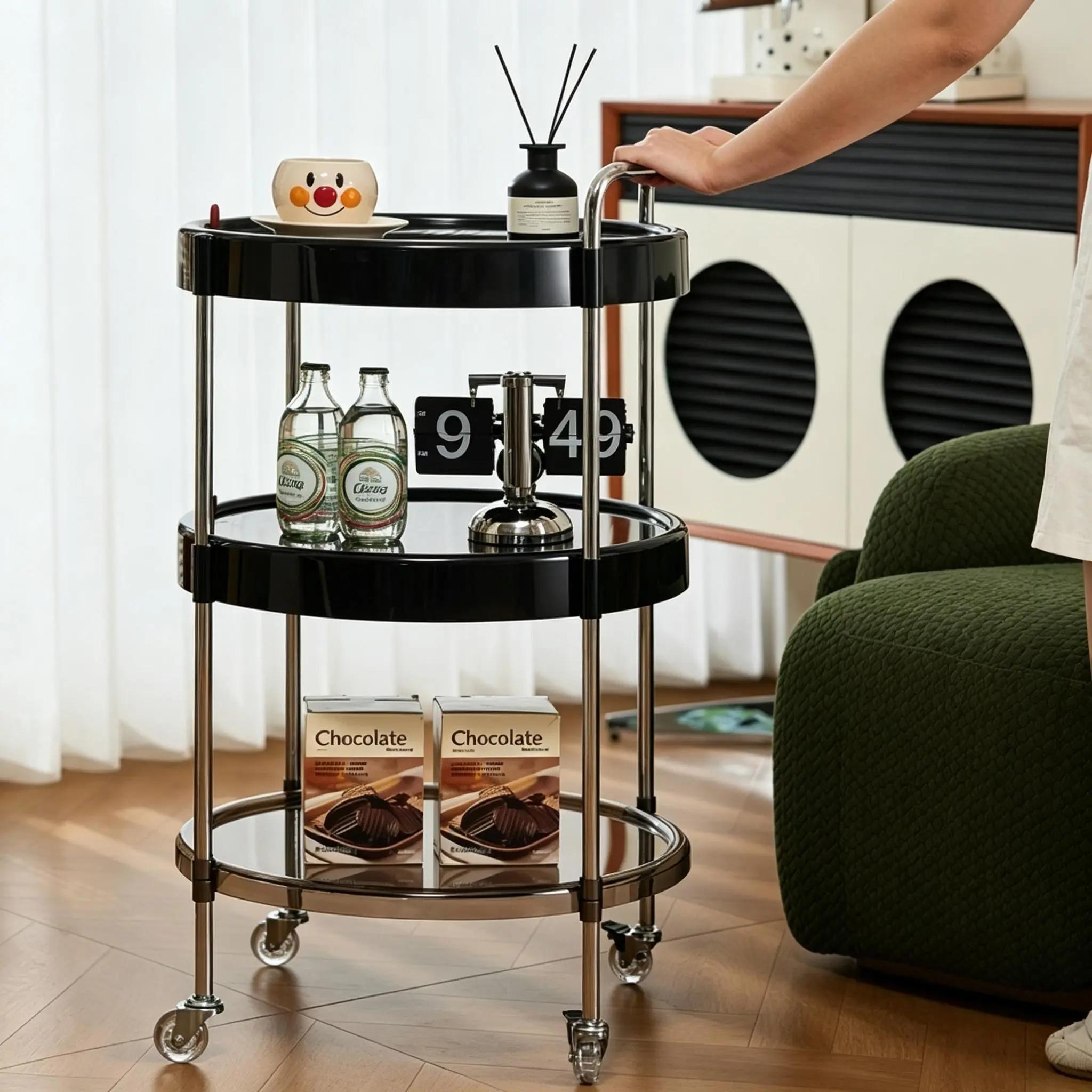 UFORU Round Rolling Side Cart with Wheels, 2‑Tier & 3‑Tier Multifunctional Storage Trolley, Modern Home Decor Organizer for Indoor Use