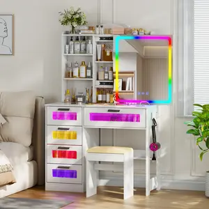 Vanity Desk with Sliding Mirror and LED Lights,RGB Vanitys with Charging Station, Makeup Vanitys with Remote Control, White Dresser with Stool/Lager Drawers for Bedroom