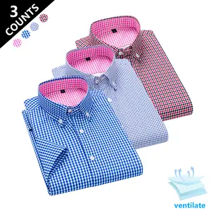 Men’s plaid short-sleeve shirts, 3-pack — breathable casual plaid button-down shirts with a vintage plaid pattern and a pointed button collar design; suitable for both business and casual wear, ideal for commuting, dates, vacations, and more.