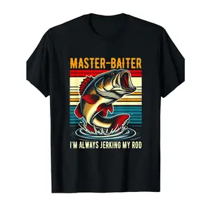 Humorous Mens Fishing TShirt Featuring Master Baiter Quote and Jumping Fish Graphic Durable Relaxed Fit Short Sleeve Design Black