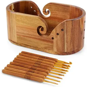 Oval Yarn Bowl, Crochet Yarn Holder with 9 count Knitting Hooks, Yarn Storage Crochet Bowl Knitting for Crocheters, Large Yarn Bowl Acacia Wooden 11.3x5.9x4.7inch (Acacia Yarn Bowl)