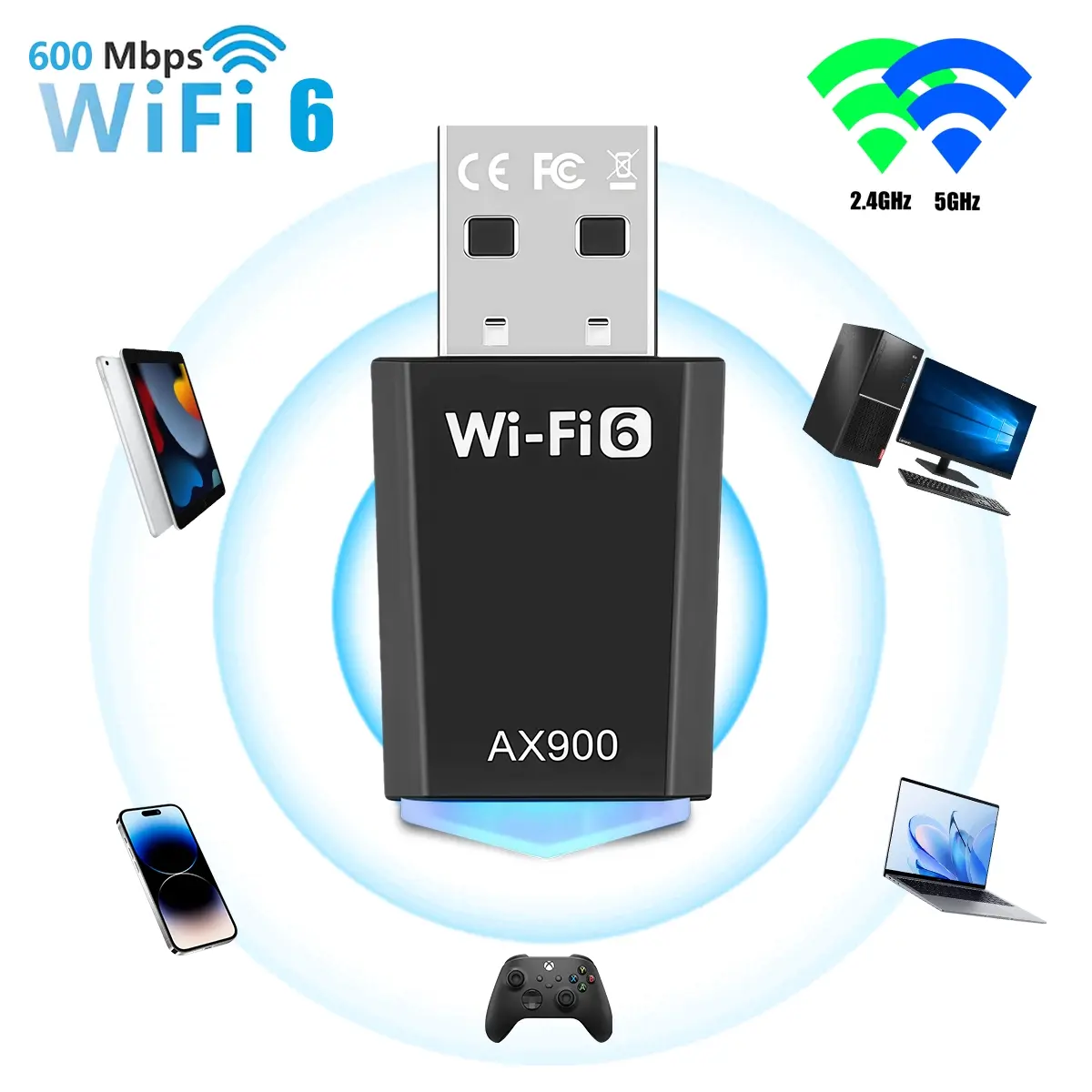 USB WiFi Adapter for PC, 5G/2.4G Dual Band WiFi 6 Dongle 600Mbps High Speed,Wireless USB WiFi 6 Adapter for Desktops & Laptops, Compatible with Win 11/10/8.1/8/7, Wide Signal Coverage, Plug and Play, Desktop Wireless Network