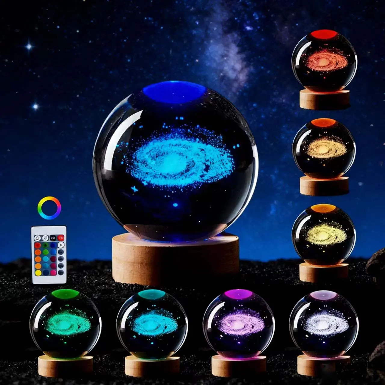 60mm 3D Galaxy Crystal Ball Night Light with Remote Control K9 Glass Solar System Sphere 16-Colors Dimmable LED Base, Science Astronomy Gifts for Kids & Adults, Universe Decor for Desk Bedroom