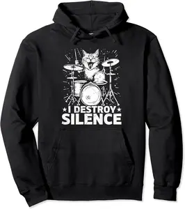 Funny Cat Playing Drums Drummer I Destroy Silence Musician Pullover Hoodie - Terrancecar Shop 93B0CVXN41D6
