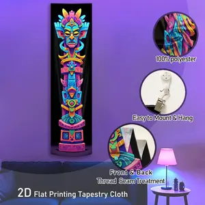 2D Flat Printing Vertical Black Light Tapestry | Vibrant Aztec Totem Pattern Wall Tapestry for Bedroom | Neo-tribal Style Glow in the Dark Polyester Tapestries | Colorful Cartoon Design UV Reactive Wall Hanging for Autumn Home Decor | Christmas Gifts