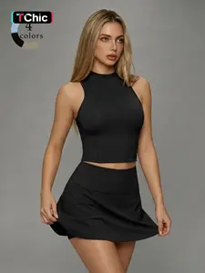 Women's Casual Sportswear Set, Sports Activewear Set, Sports Crop Top, High-Waisted Yoga Skirt, Breathable Fabric, Slim-Fitting, Workout Running Outfits, Sportswear Running Fitness, Suitable for Running and Tennis