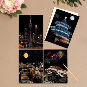 Chinese Landmark Building Scratch Painting, Diy Decorative Painting, 1 Set Exquisite City Night Scene Scratch Painting, Funny Colorful Card Gift for Friends Family Souvenir
