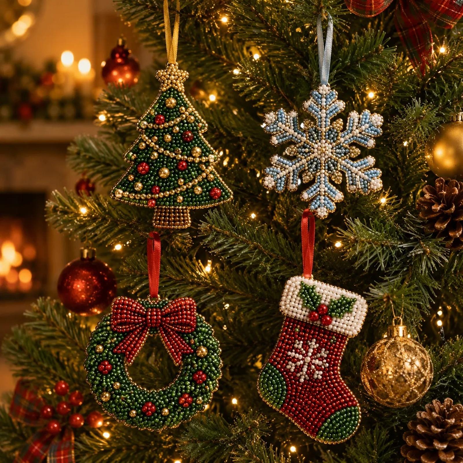 4-piece Christmas 3D beaded ornaments DIY kit holiday craft set