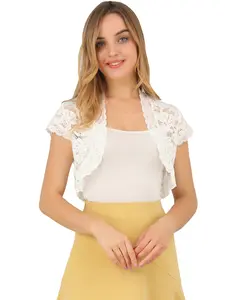 INSPIRE CHIC Elegant Short Sleeve Sheer Floral Lace Shrug Top