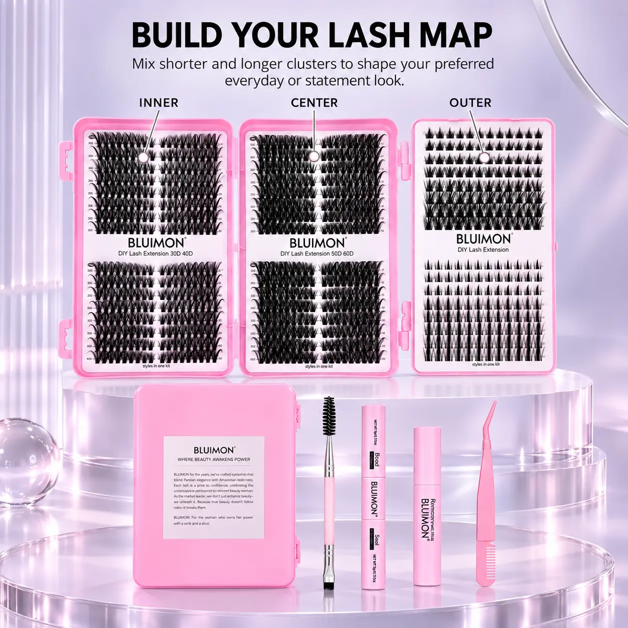 Complete 3D MIX DIY Lash Extension Kit, Multi-Length Cluster Lashes with Bond & Seal, Remover, Lash Applicator and Brush