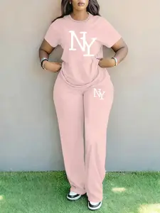 Women's Spring Summer Plus Size Fashion Letter Print Round Neck Short Sleeve T-Shirt & Wide Leg Pants Two-Piece Set Matching Clothing Set