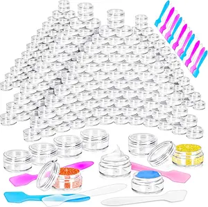 100 Pcs 5g Empty Plastic Containers with Clear Lids,Mini Makeup Sample Containers, Small Sample Pot Jars Round Cosmetic Jars with Mini Spatulas for Liquid Sample Powder Creams Lotions