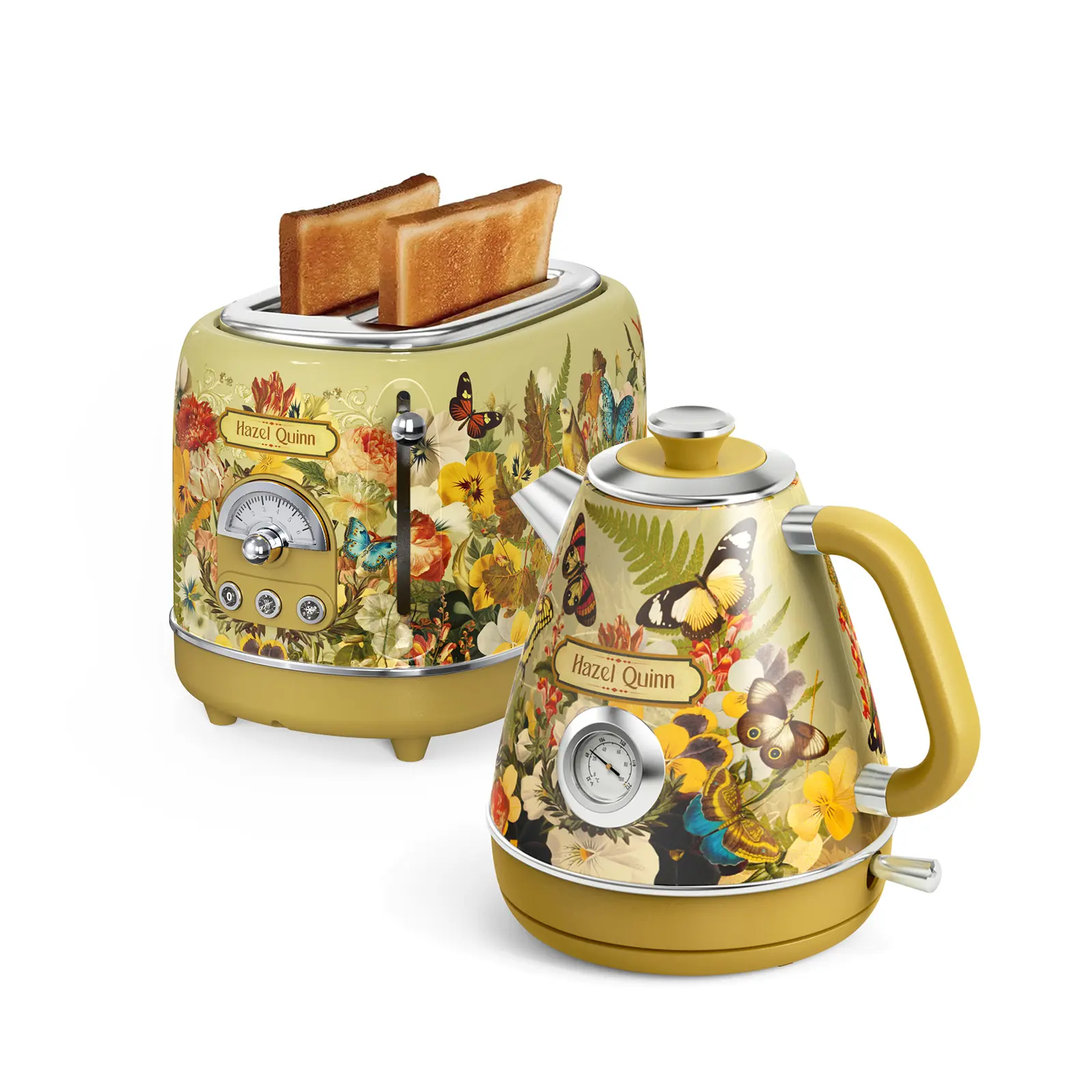 Hazel Quinn X Eduardo Recife Retro Electric Tea Kettle & 2-Slice Toaster Set, Stainless Steel, 1.7L 1200W Fast Boiling, Cordless, BPA-free, Auto Shut-Off, 6 Browning Levels, 3 Functions Kitchen Appliances