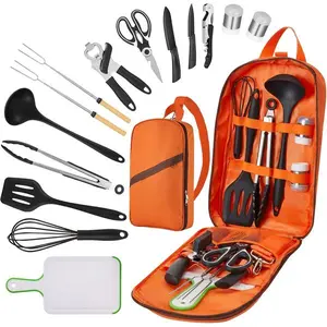 Camping Cooking Set - Camping Utensil Set Car Camping Cooking Essentials Gear for Camp Kitchen Cooking and Grilling, Stainless Steel & Silicone Ideal Gift for RV Tent Camper, Picnics, BBQs