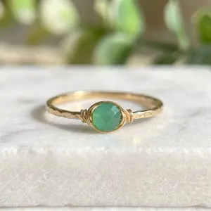Gold Filled Dainty Green Jade Thin Band Stacking Ring