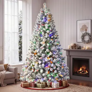 Pre-Lit Snow Flocked Artificial Christmas Tree with Remote & Timer, Warm White & Multi-Color LED Lights, 4/5/6/7/7.5/9ft, White – Perfect for Xmas Décor