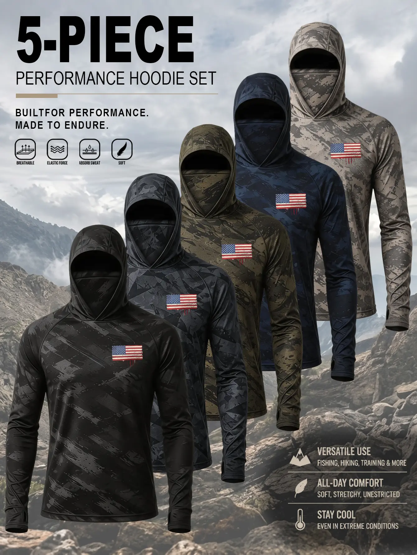 5-Pack Men’s Camouflage Sun-Protection Performance Hoodie Set with USA Flag Fishing Shirts