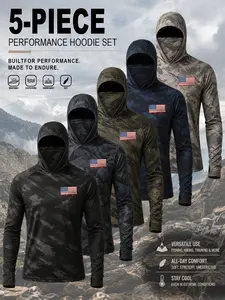 5-Pack Men’s Camouflage Sun-Protection Performance Hoodie Set with USA Flag Fishing Shirts