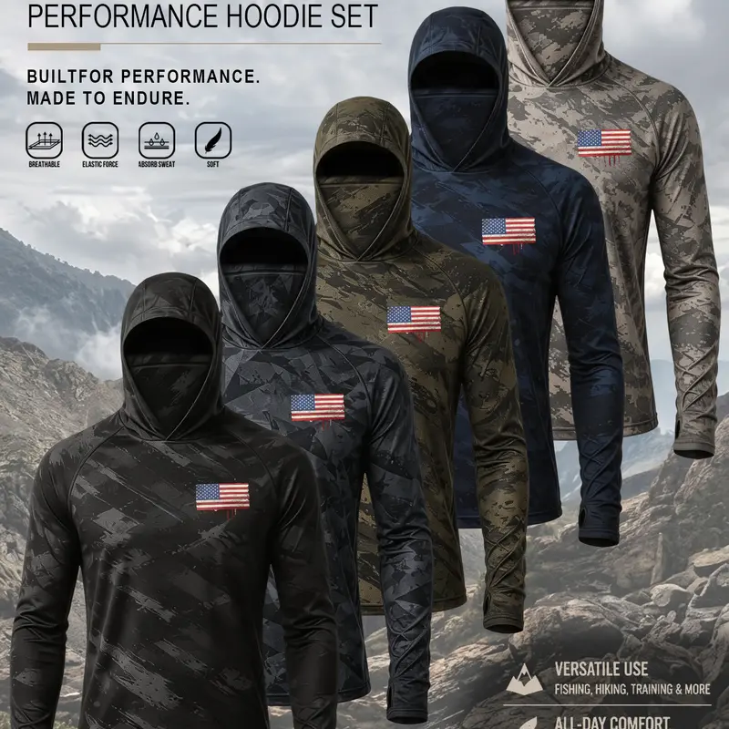 Men’s 5-Piece Camouflage Sun-Protection Hooded Sports Set - Twill, Quick Dry Pullover, Fitted Design Activewear, Lightweight Durable Breathable Hunters’ Attire, Attached Hood with Built-in Neck Coverage, Outdoor Hiking Fishing Tops with Chest Details