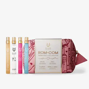 Ellis Brooklyn ROM COM Fragrance Gift Set - MYTH FLORIST SALT VANILLA MILK - Gourmand Musk Floral Aquatic - 4 x 10ml Travel Sprays in Reusable Cotton Zip Bag, Limited Edition Bundle, $132 Value