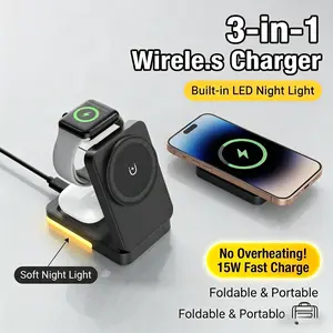MagSafe 3-in-1 Qi Certified 15W Fast Magnetic Wireless Charging Station, Foldable Charging Dock with LED Night Light, Supports Simultaneous Charging for Phone Earbuds Smart Watch, Multi-Device Portable Charger Compatible with iPhone 17/16/15/14/13/12 Pro