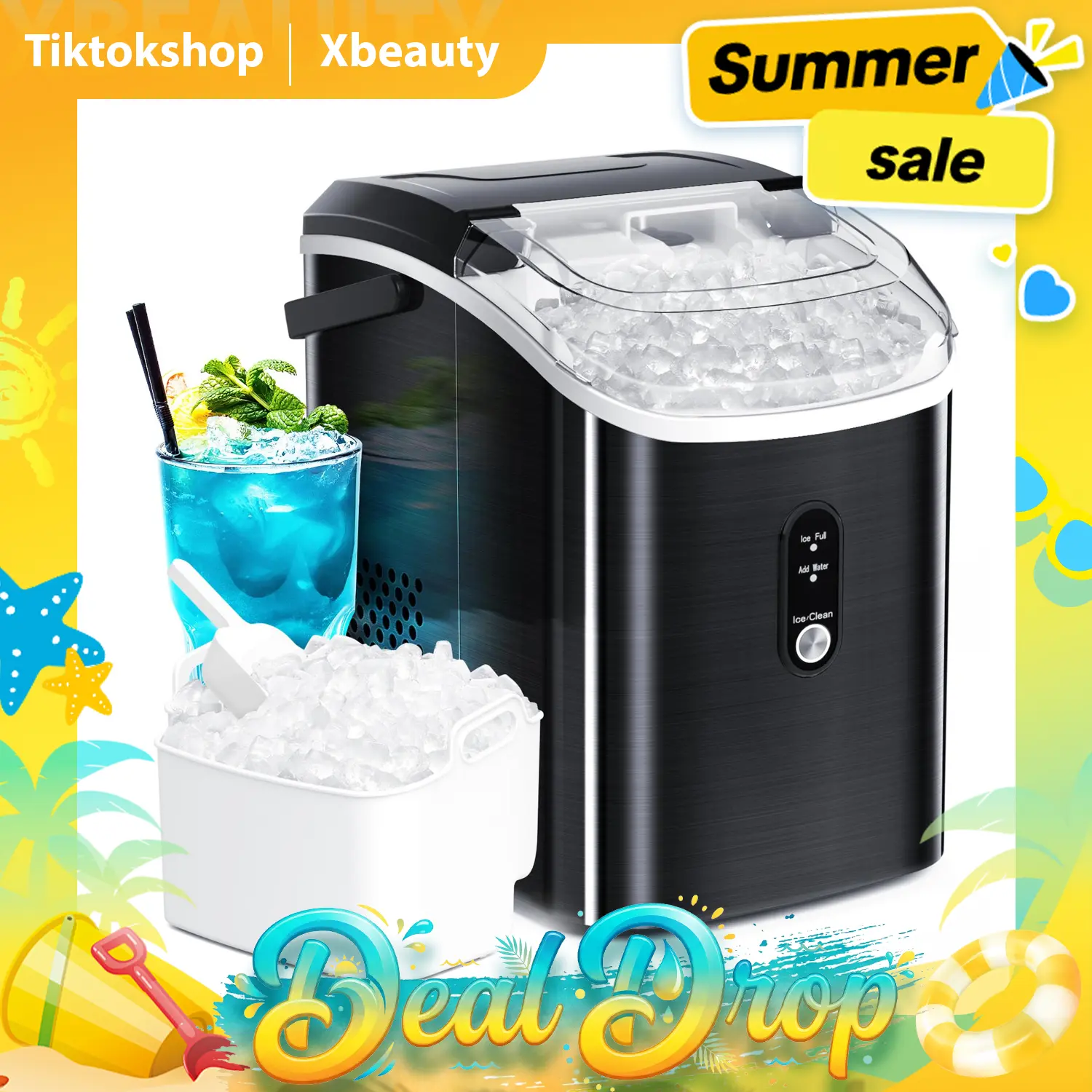 Xbeauty Ice Maker Countertop - Chewable Pellet Ice Cubes, 33 lbs Daily Output, Stainless Steel Housing, Ice Machine with Ice Basket, Ice Spatula and Carry Handle, for Parties, Kitchen, Bar, Black summerwins