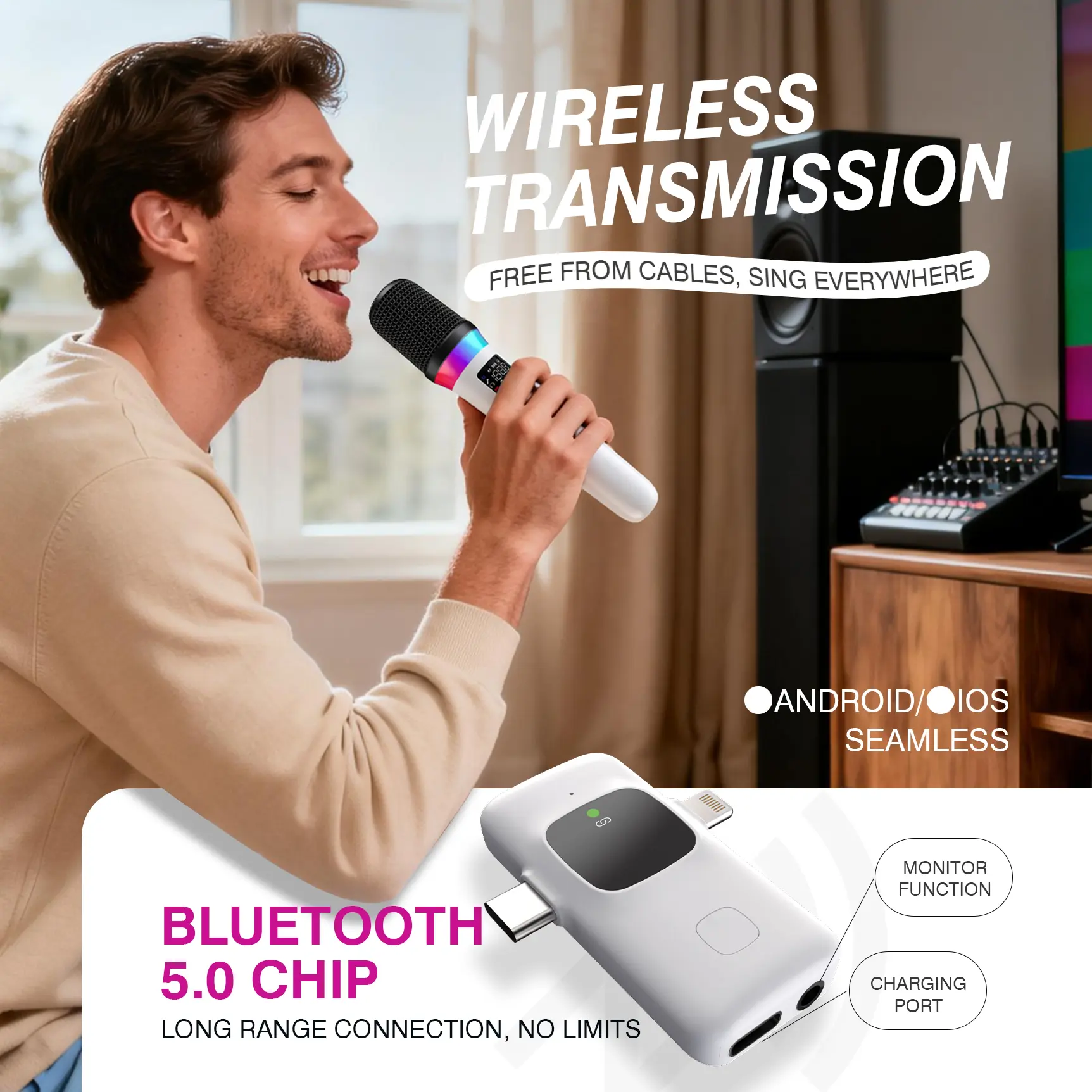 Wireless RGB Karaoke Microphone - Battery-Powered Cordless Singing Mic with Remote Control, Handy Remote Control, Bluetooth 5.0 for Adults, Home Party, Dual-Head Usb Receiver