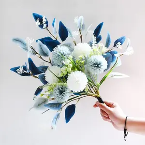 Realistic Flower Arrangement, Artificial Silk Ping Pong Chrysanthemum with Eucalyptus Leaves, Fake Hydrangea Floral Bouquet for Home Decor
