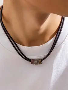 Vintage Style Leather Cord Metal Tube Bead Necklace, Punk Fashion Jewelry Accessory, All Seasons Wear, Alloy Material