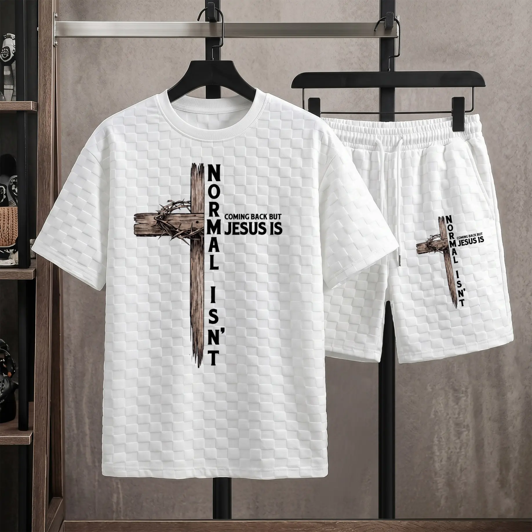 Men’s Jesus Cross Graphic Textured T-Shirt & Drawstring Shorts Set, Christian Faith Two Piece Outfit For Daily Wear And Outdoor Activities