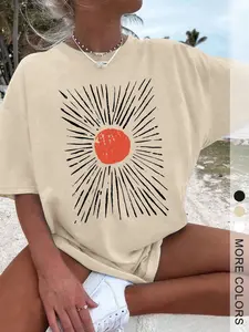 Women's Sun Print Drop Shoulder Tee, Casual Half Sleeve Round Neck Fit T-Shirt for Summer, Women's Top for Daily Wear