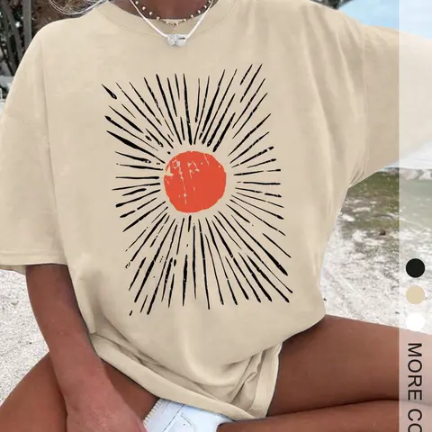 Women's Sun Print Drop Shoulder Tee, Casual Half Sleeve Round Neck Fit T-Shirt for Summer, Women's Top for Daily Wear, Streetwear, Casual Everyday Top, Casual Tops, Womenswear