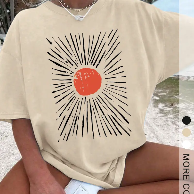 Women's Sun Print Drop Shoulder Tee, Casual Half Sleeve Round Neck Fit T-Shirt for Summer, Women's Top for Daily Wear, Streetwear, Casual Everyday Top, Casual Tops, Womenswear