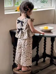 Girls 2 Piece Set Floral Bow Tie Top with Wide Leg Pants, Chic Casual for Kids, All over Print Fitted Style, Cute Clothing Set