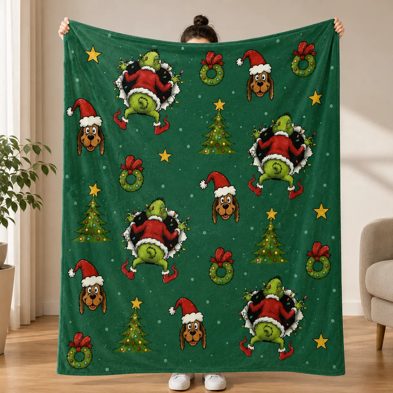 Funny Cartoon Christmas Print Super Soft Flannel Blacnket, Multi-purpose, Suitable For Sofa, Bedroom, Office or Camping, Suitable For All Season