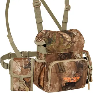 NEW VIEW CamoStealth Silent Binocular Harness Chest Pack - Quiet Hunting Bino Case, Dual Molle Straps, Detachable Rangefinder Pouch, Adjustable Binos Harness, Rain Cover - Size M & Tree Camo