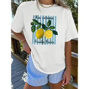 Womens Cotton Graphic Tee Lemon Print French Text Summer Vacation Outfit Casual Soft Short Sleeve Crew Neck Top For Beach Travel Weekend Brunch