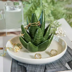 Aloe Ring Holder Dish, Ceramic Jewelry Tray Trinket Dish for Necklace Keychain Organizer, Cute Funny Birthday Wedding Mothers Day Gift for Women Friends Girls