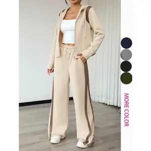 Women’s fall/winter hooded zip-up long-sleeve jacket, colorblock sporty T-shirt, loose pants two-piece set, casual fashion