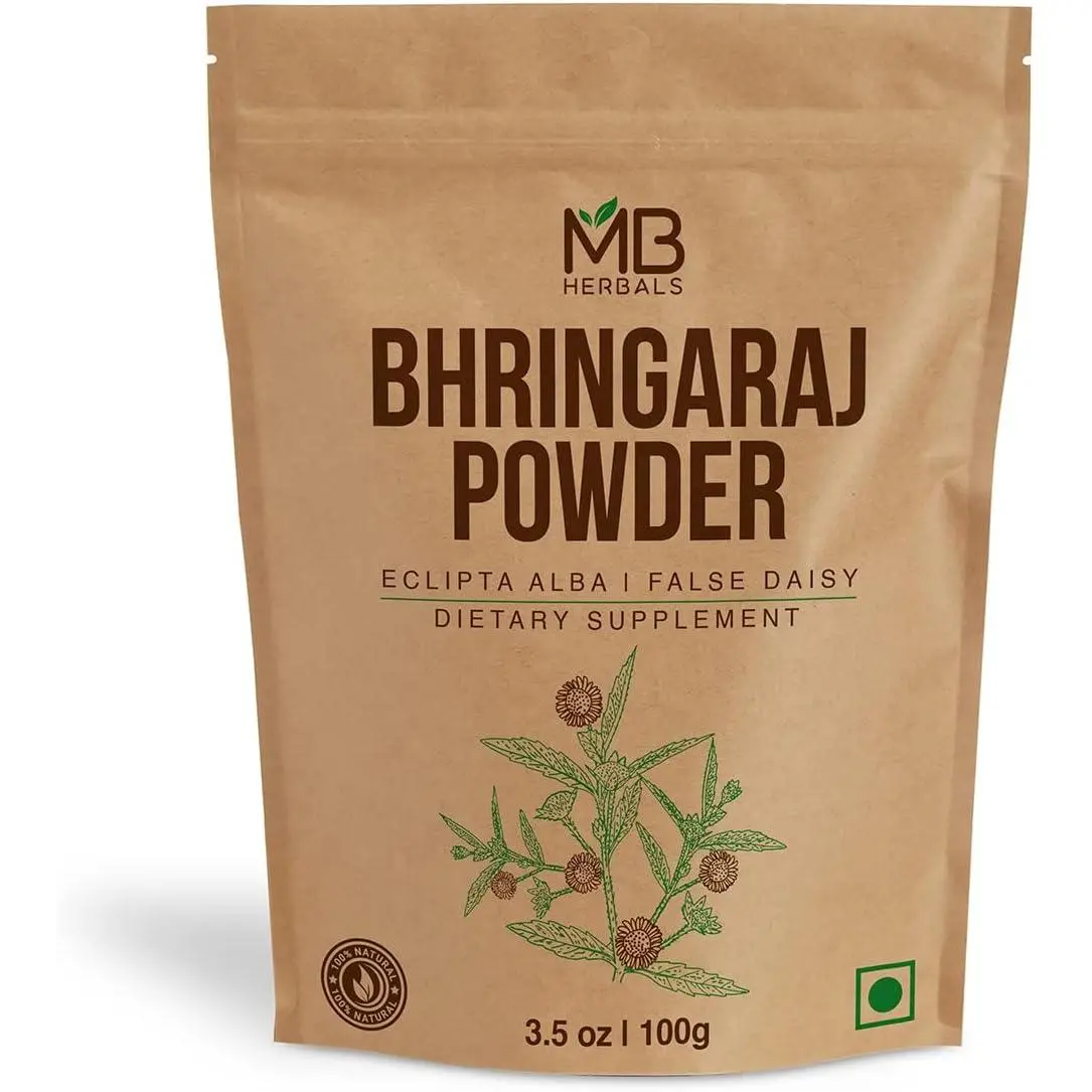 MB Herbals Organic GMO-Free Unflavored Bhringraj (Eclipta Alba) Powder 100g, Hair & Nails Care Supplement