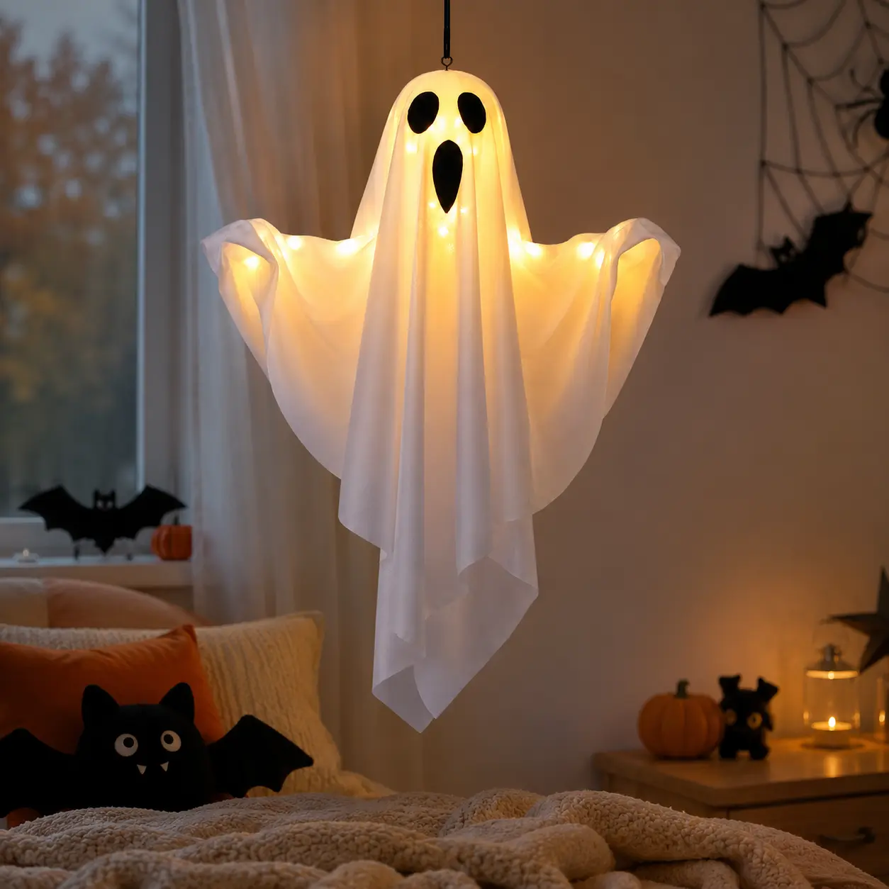 Lifnatty White Battery-Operated Spooky LED Glow Hanging Ghost Lamp, Halloween Novelty Lighting for Home Improvement Decor