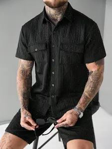 Men's 2 piece sets - Men Summer Casual Shiny Short Sleeve Shirt & Matching Shorts Set men’s shirts summer men clothes shirts for men shirt men shorts summer mens clothing shorts for the summer summer outfits going out outfit shorts for summer Menswear Top