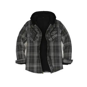 FlannelGo Men's Checked Sherpa-Lined Full-Zip Long-Sleeve Hooded Jacket - Menswear, 2 Front & Side Pockets, Basic Attached Hood, Cozy Fleece Top for Outdoor & Casual Use